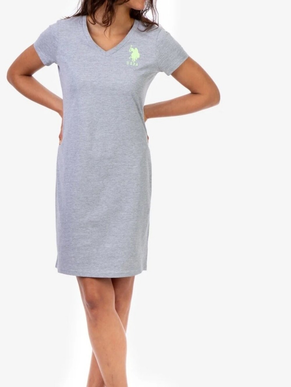 U.S. Polo Assn. Women's Grey V‑Neck Sleep Shirt T-Shirt Sneaker Dress. Size L